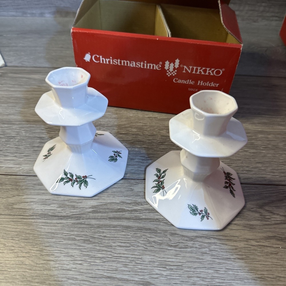 Nikko Candle Holder Set Unisex OS White Good Christmastime Holly Berry Japan
